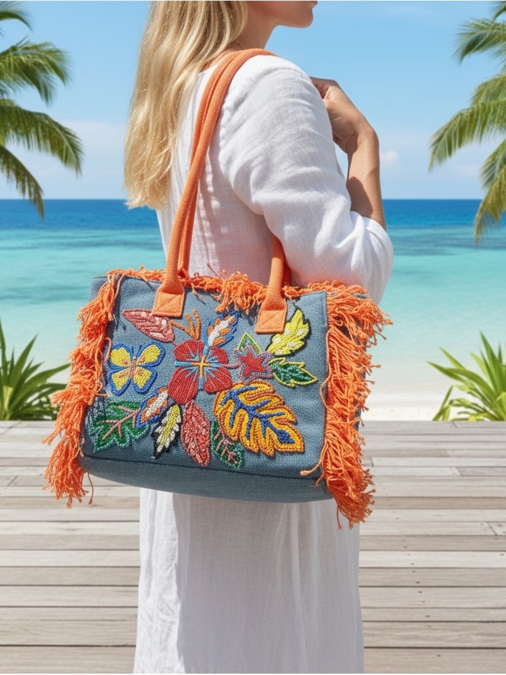 America & Beyond Orange-Fringe Trim Beaded Floral Tote Bag - Picture 1 of 11